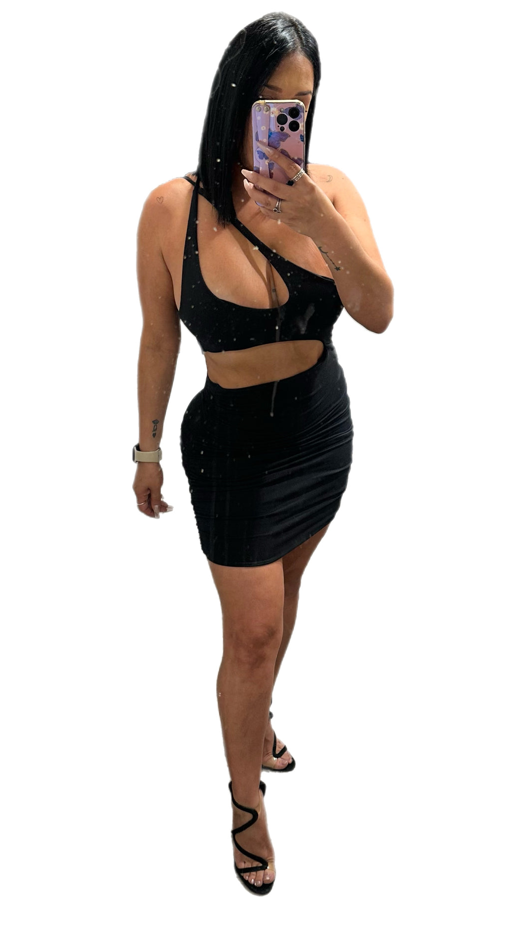 One Shoulder Cut-Out Front Ruched Bodvcon Mini Dress