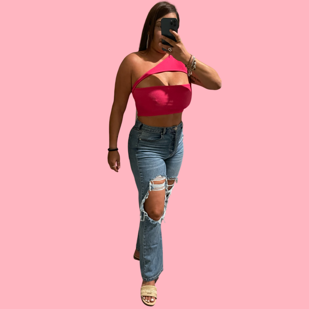 One Shoulder Cut Out Front Ribbed Crop Top